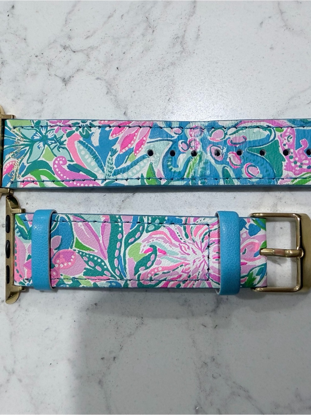 Floral Pattern Silicone Apple Watch Band - Pink & Blue